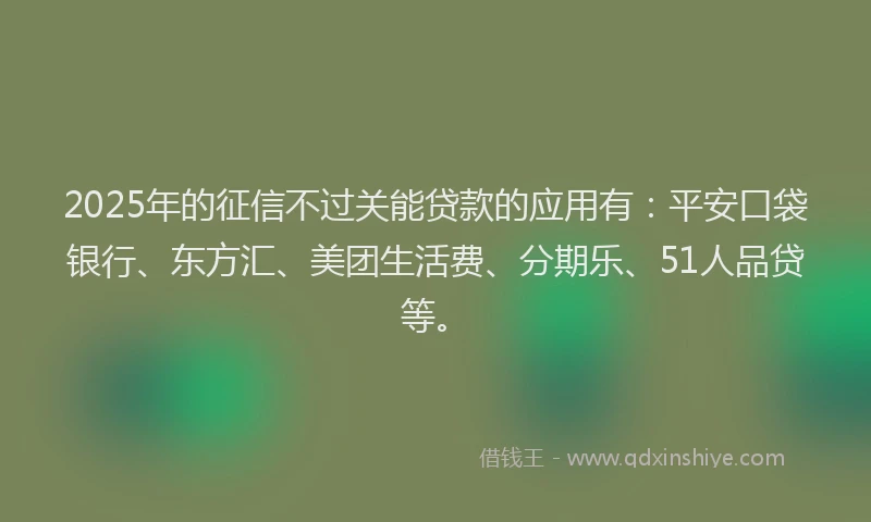 2025年的征信不过关能贷款的应用有：平安口袋银行、东方汇、美团生活费、分期乐、51人品贷等。