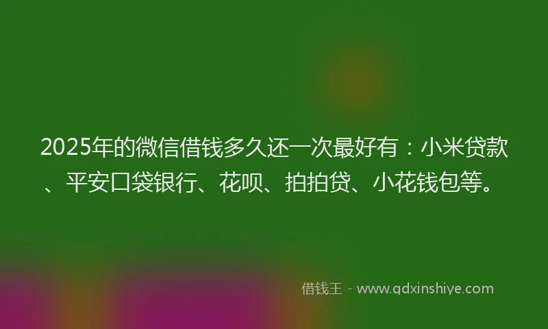 2025年的微信借钱多久还一次最好有：小米贷款、平安口袋银行、花呗、拍拍贷、小花钱包等。