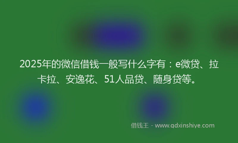2025年的微信借钱一般写什么字有：e微贷、拉卡拉、安逸花、51人品贷、随身贷等。
