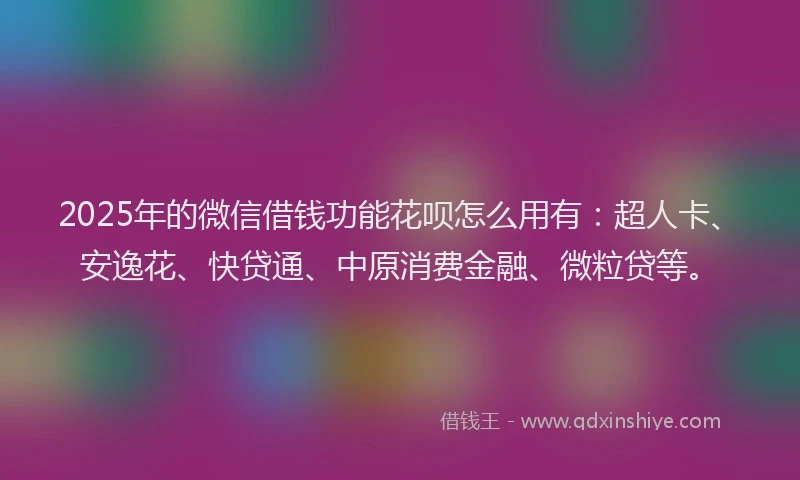 2025年的微信借钱功能花呗怎么用有：超人卡、安逸花、快贷通、中原消费金融、微粒贷等。