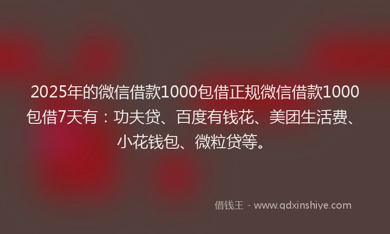 2025年的微信借款1000包借正规微信借款1000包借7天有：功夫贷、百度有钱花、美团生活费、小花钱包、微粒贷等。