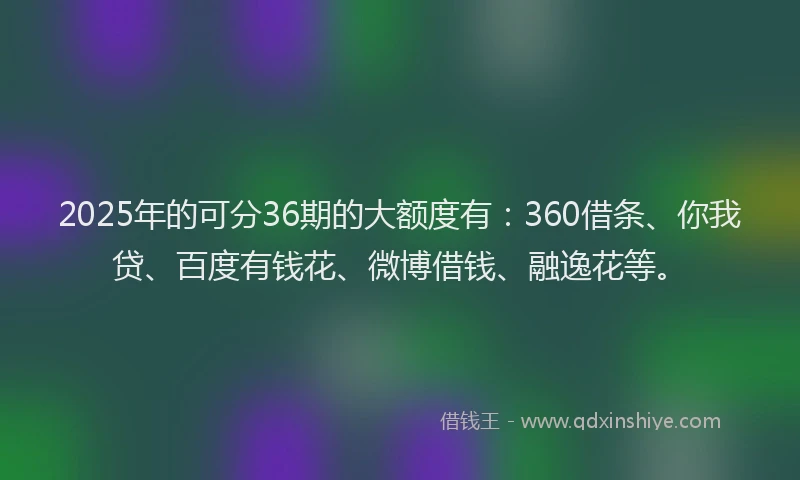 2025年的可分36期的大额度有：360借条、你我贷、百度有钱花、微博借钱、融逸花等。