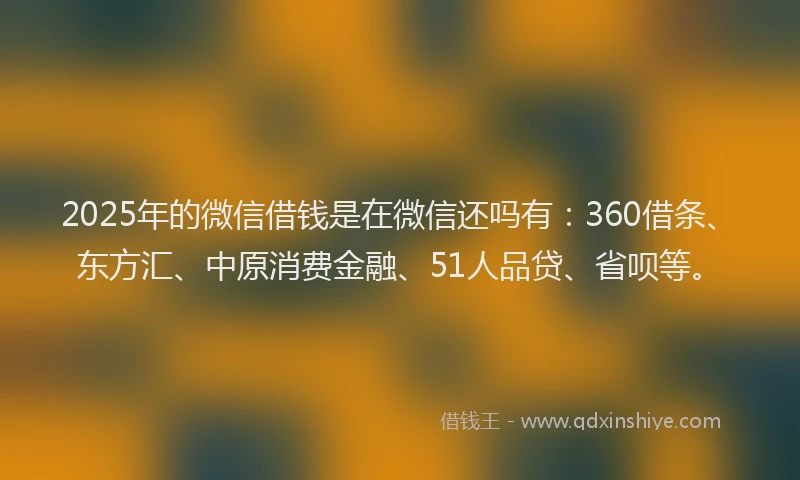2025年的微信借钱是在微信还吗有：360借条、东方汇、中原消费金融、51人品贷、省呗等。