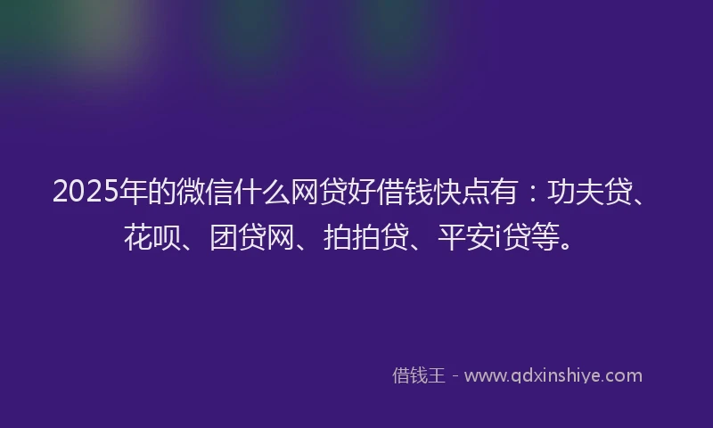 2025年的微信什么网贷好借钱快点有：功夫贷、花呗、团贷网、拍拍贷、平安i贷等。
