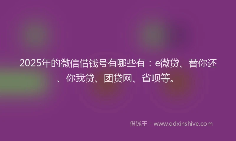 2025年的微信借钱号有哪些有：e微贷、替你还、你我贷、团贷网、省呗等。