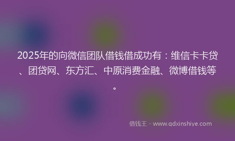 2025年的向微信团队借钱借成功有：维信卡卡贷、团贷网、东方汇、中原消费金融、微博借钱等。