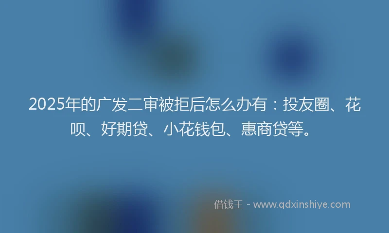 2025年的广发二审被拒后怎么办有：投友圈、花呗、好期贷、小花钱包、惠商贷等。
