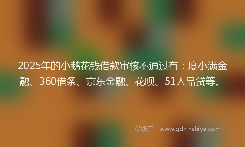2025年的小鹅花钱借款审核不通过有：度小满金融、360借条、京东金融、花呗、51人品贷等。