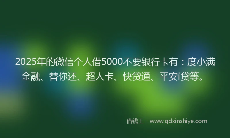 2025年的微信个人借5000不要银行卡有：度小满金融、替你还、超人卡、快贷通、平安i贷等。