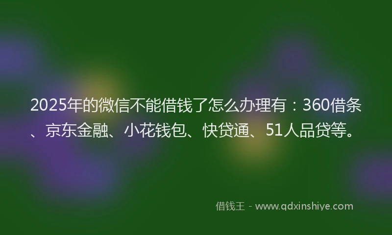 2025年的微信不能借钱了怎么办理有：360借条、京东金融、小花钱包、快贷通、51人品贷等。