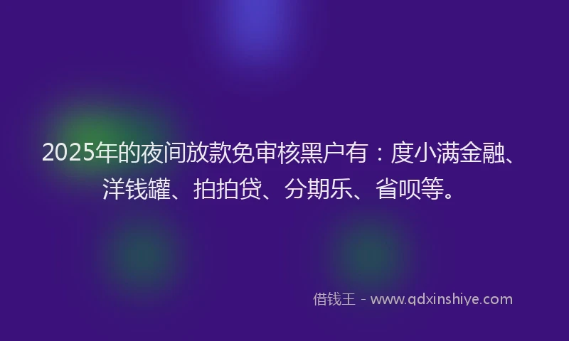 2025年的夜间放款免审核黑户有：度小满金融、洋钱罐、拍拍贷、分期乐、省呗等。