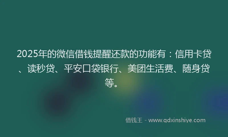 2025年的微信借钱提醒还款的功能有：信用卡贷、读秒贷、平安口袋银行、美团生活费、随身贷等。