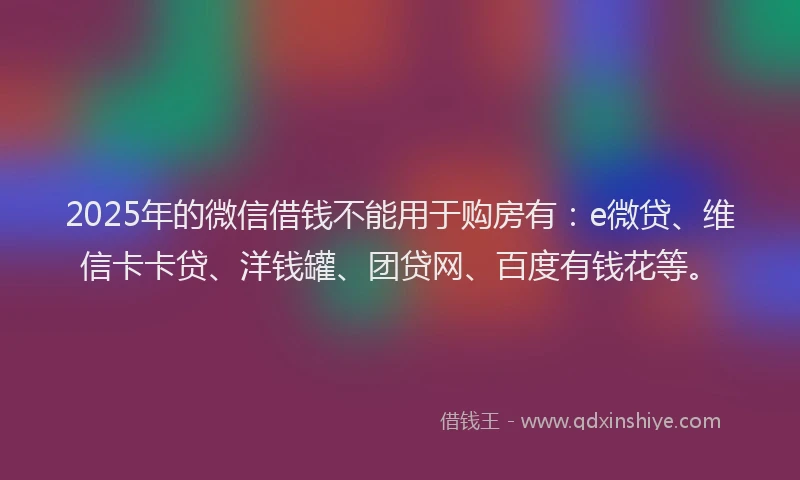 2025年的微信借钱不能用于购房有：e微贷、维信卡卡贷、洋钱罐、团贷网、百度有钱花等。