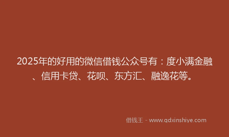 2025年的好用的微信借钱公众号有：度小满金融、信用卡贷、花呗、东方汇、融逸花等。