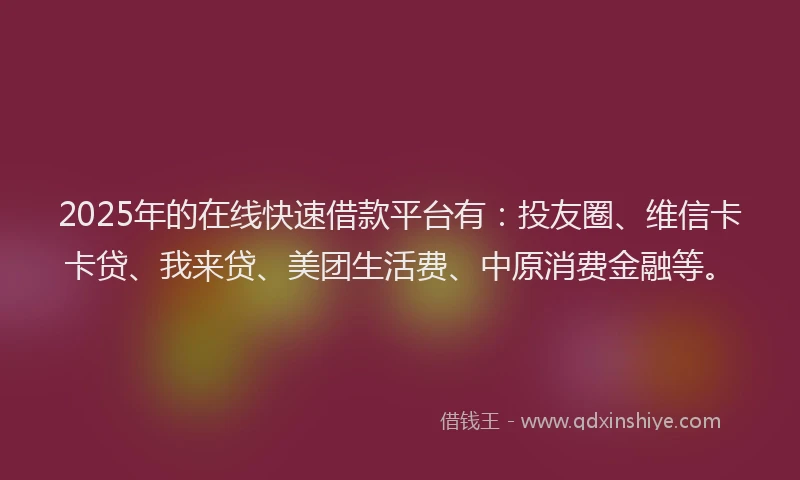 2025年的在线快速借款平台有：投友圈、维信卡卡贷、我来贷、美团生活费、中原消费金融等。