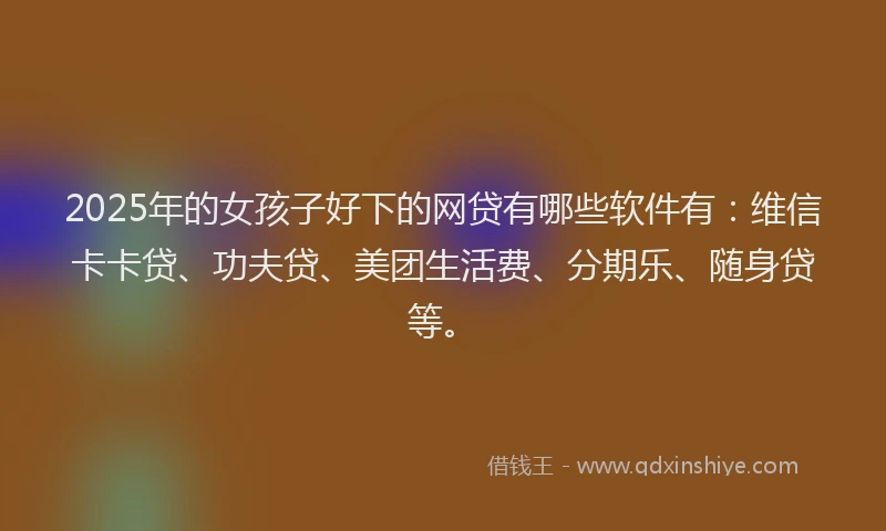 2025年的女孩子好下的网贷有哪些软件有：维信卡卡贷、功夫贷、美团生活费、分期乐、随身贷等。