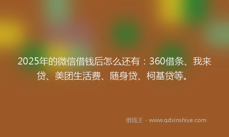 2025年的微信借钱后怎么还有：360借条、我来贷、美团生活费、随身贷、柯基贷等。