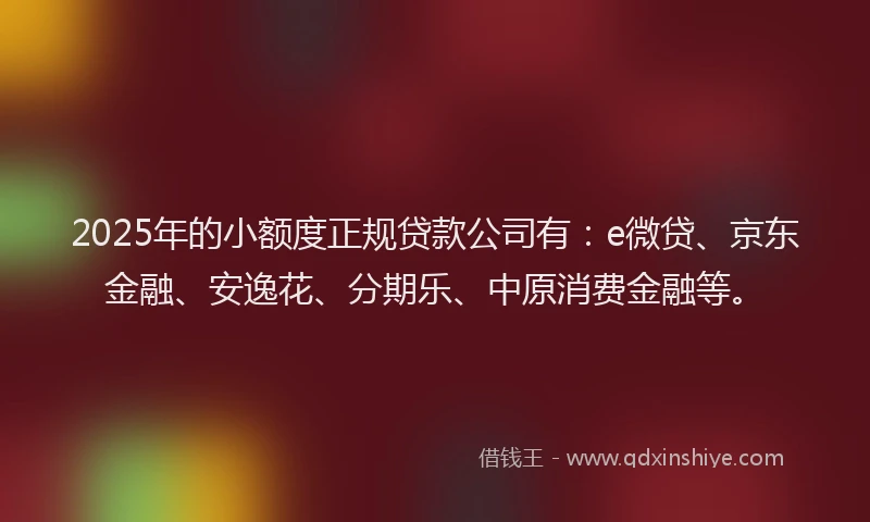 2025年的小额度正规贷款公司有：e微贷、京东金融、安逸花、分期乐、中原消费金融等。