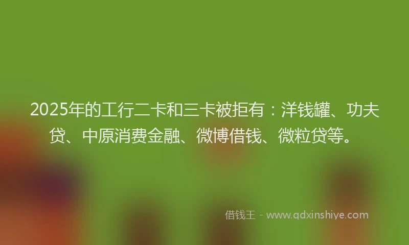 2025年的工行二卡和三卡被拒有：洋钱罐、功夫贷、中原消费金融、微博借钱、微粒贷等。