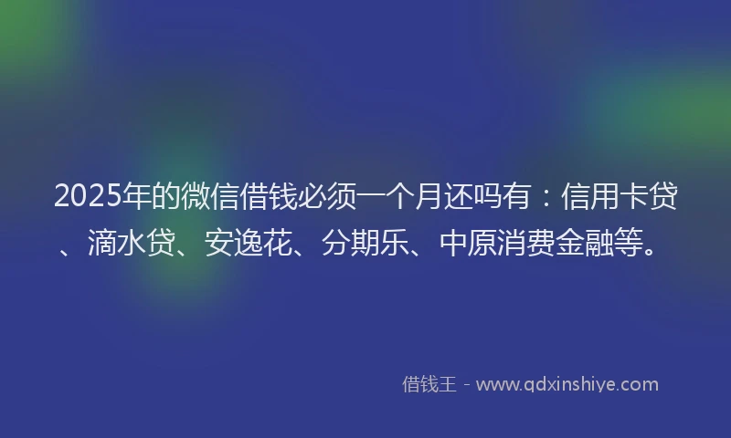 2025年的微信借钱必须一个月还吗有：信用卡贷、滴水贷、安逸花、分期乐、中原消费金融等。