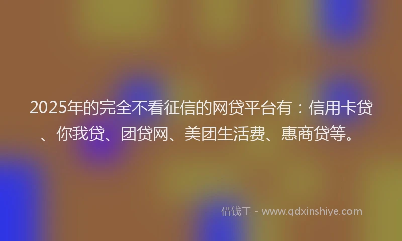 2025年的完全不看征信的网贷平台有：信用卡贷、你我贷、团贷网、美团生活费、惠商贷等。