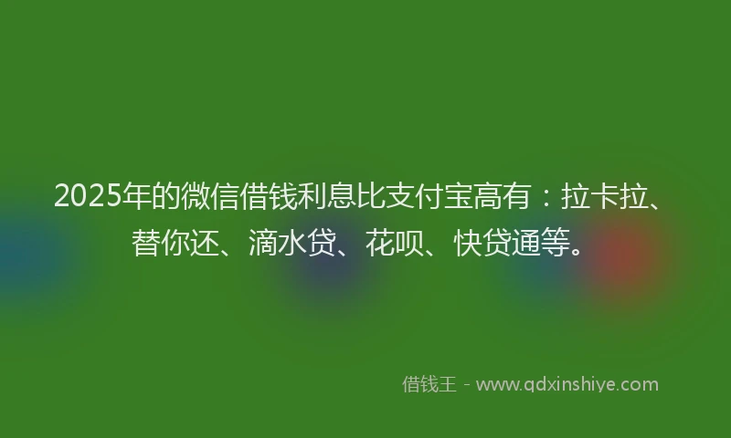 2025年的微信借钱利息比支付宝高有：拉卡拉、替你还、滴水贷、花呗、快贷通等。