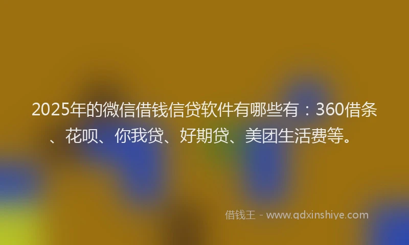 2025年的微信借钱信贷软件有哪些有：360借条、花呗、你我贷、好期贷、美团生活费等。