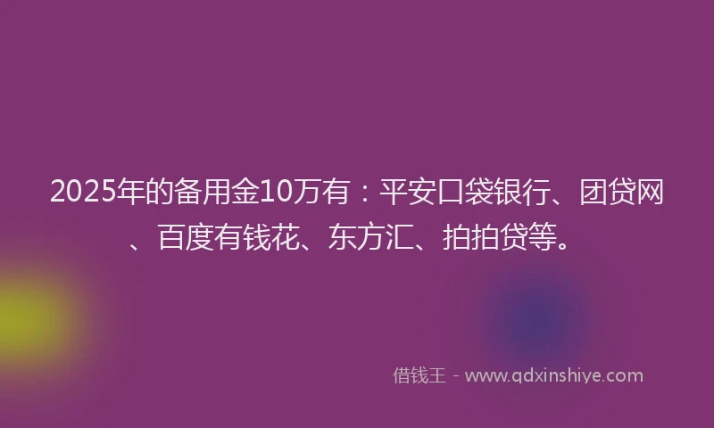 2025年的备用金10万有：平安口袋银行、团贷网、百度有钱花、东方汇、拍拍贷等。