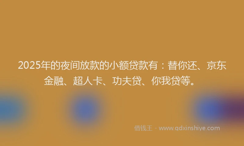 2025年的夜间放款的小额贷款有：替你还、京东金融、超人卡、功夫贷、你我贷等。