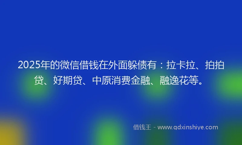 2025年的微信借钱在外面躲债有：拉卡拉、拍拍贷、好期贷、中原消费金融、融逸花等。