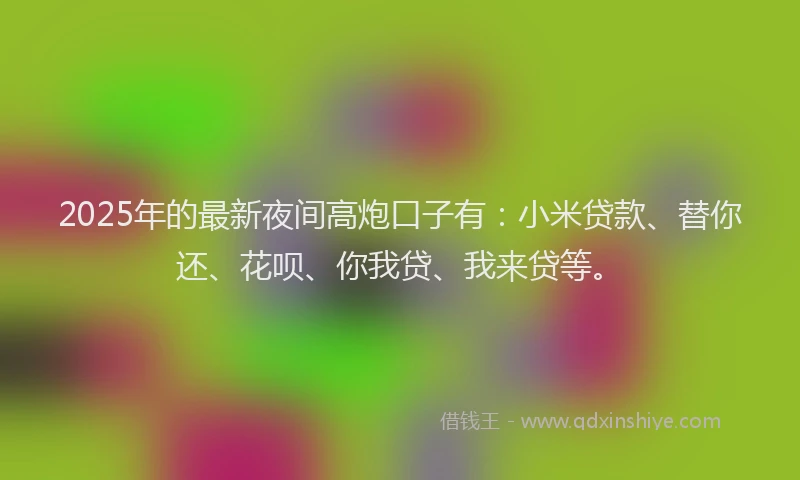 2025年的最新夜间高炮口子有：小米贷款、替你还、花呗、你我贷、我来贷等。