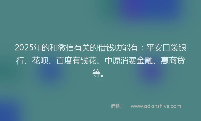 2025年的和微信有关的借钱功能有：平安口袋银行、花呗、百度有钱花、中原消费金融、惠商贷等。