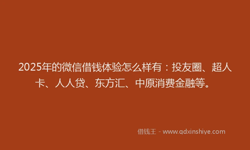 2025年的微信借钱体验怎么样有：投友圈、超人卡、人人贷、东方汇、中原消费金融等。