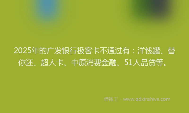 2025年的广发银行极客卡不通过有：洋钱罐、替你还、超人卡、中原消费金融、51人品贷等。