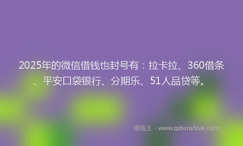 2025年的微信借钱也封号有：拉卡拉、360借条、平安口袋银行、分期乐、51人品贷等。