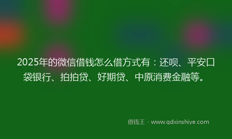 2025年的微信借钱怎么借方式有：还呗、平安口袋银行、拍拍贷、好期贷、中原消费金融等。