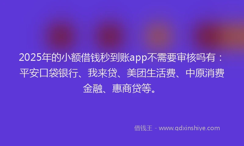 2025年的小额借钱秒到账app不需要审核吗有：平安口袋银行、我来贷、美团生活费、中原消费金融、惠商贷等。