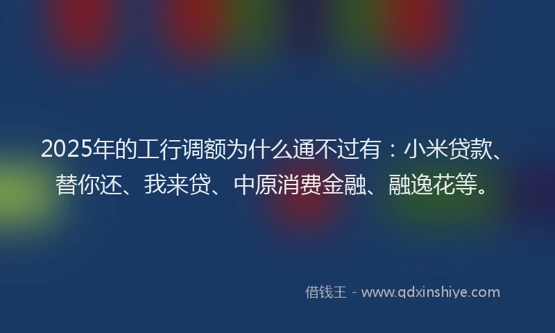 2025年的工行调额为什么通不过有：小米贷款、替你还、我来贷、中原消费金融、融逸花等。