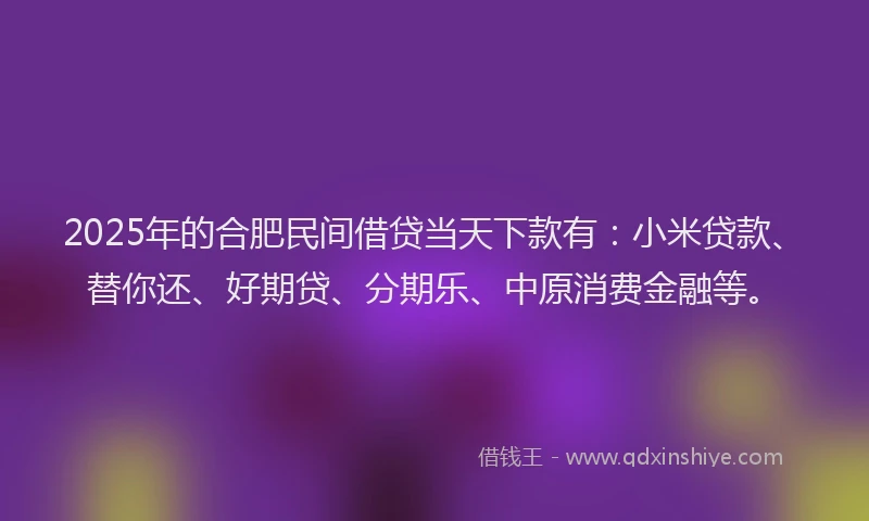2025年的合肥民间借贷当天下款有：小米贷款、替你还、好期贷、分期乐、中原消费金融等。
