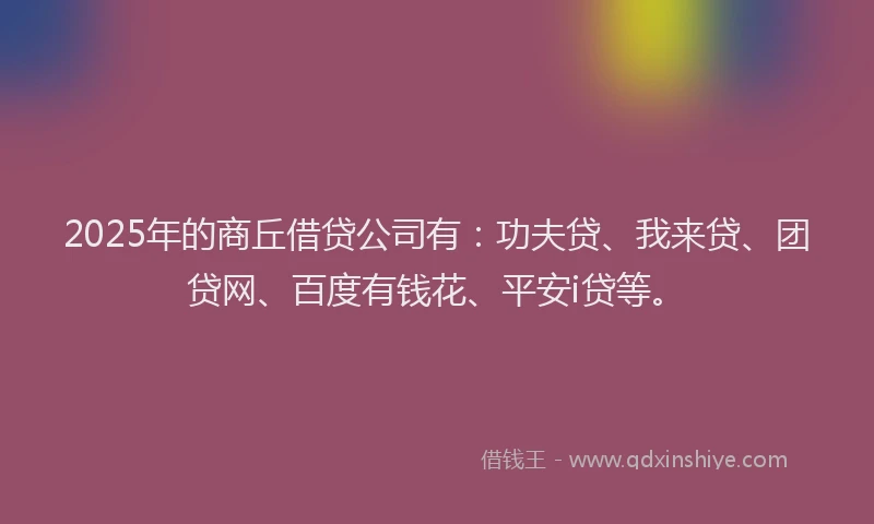2025年的商丘借贷公司有：功夫贷、我来贷、团贷网、百度有钱花、平安i贷等。