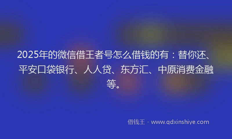 2025年的微信借王者号怎么借钱的有：替你还、平安口袋银行、人人贷、东方汇、中原消费金融等。