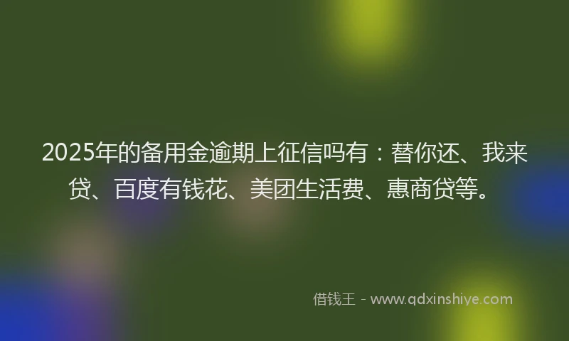 2025年的备用金逾期上征信吗有：替你还、我来贷、百度有钱花、美团生活费、惠商贷等。