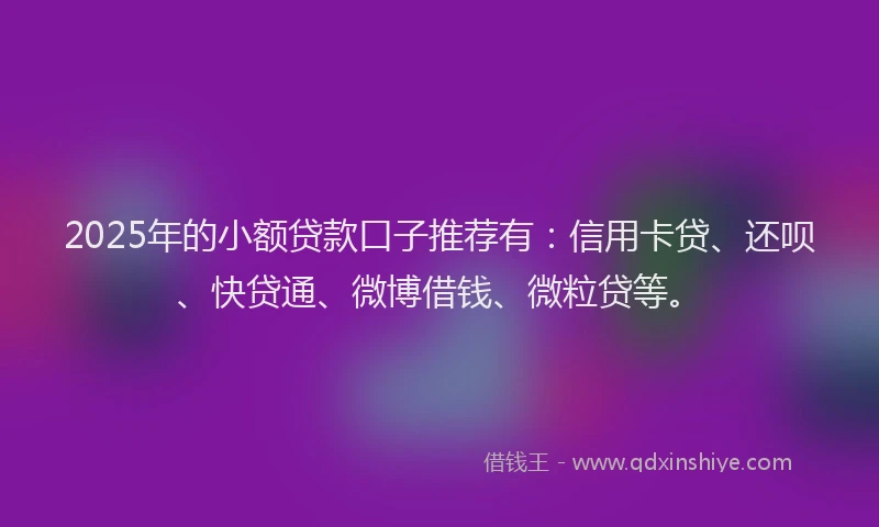 2025年的小额贷款口子推荐有：信用卡贷、还呗、快贷通、微博借钱、微粒贷等。