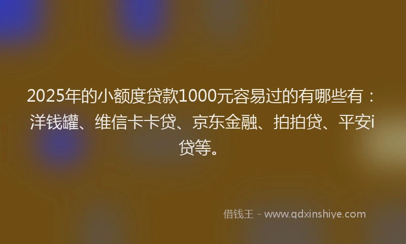 2025年的小额度贷款1000元容易过的有哪些有：洋钱罐、维信卡卡贷、京东金融、拍拍贷、平安i贷等。