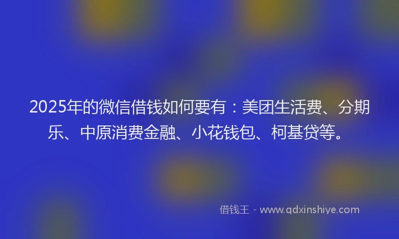 2025年的微信借钱如何要有：美团生活费、分期乐、中原消费金融、小花钱包、柯基贷等。