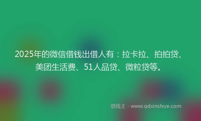 2025年的微信借钱出借人有：拉卡拉、拍拍贷、美团生活费、51人品贷、微粒贷等。