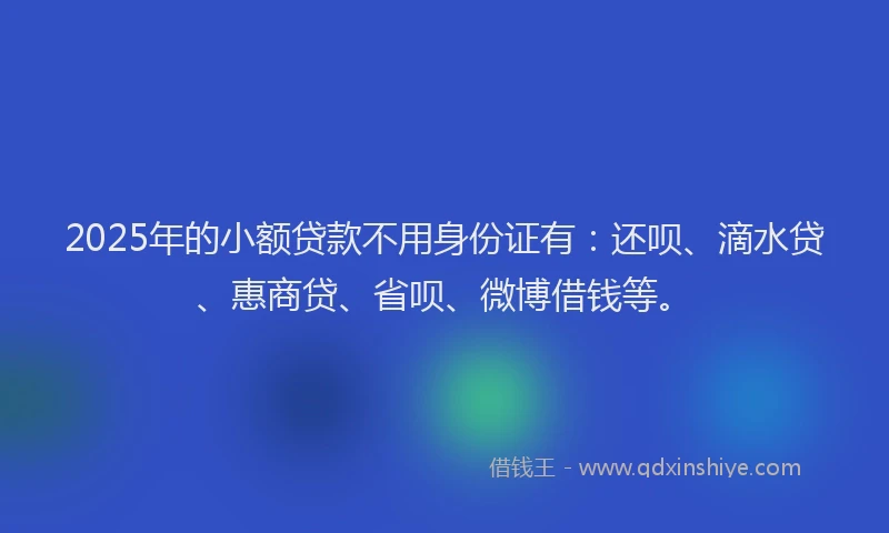 2025年的小额贷款不用身份证有：还呗、滴水贷、惠商贷、省呗、微博借钱等。