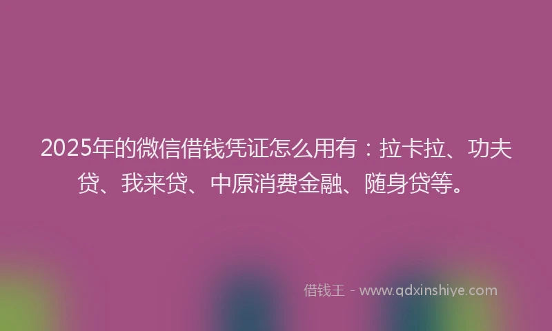 2025年的微信借钱凭证怎么用有：拉卡拉、功夫贷、我来贷、中原消费金融、随身贷等。