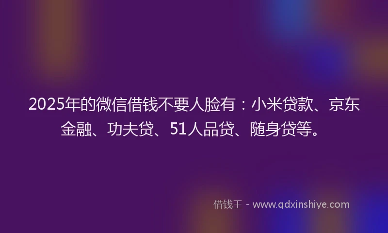 2025年的微信借钱不要人脸有：小米贷款、京东金融、功夫贷、51人品贷、随身贷等。