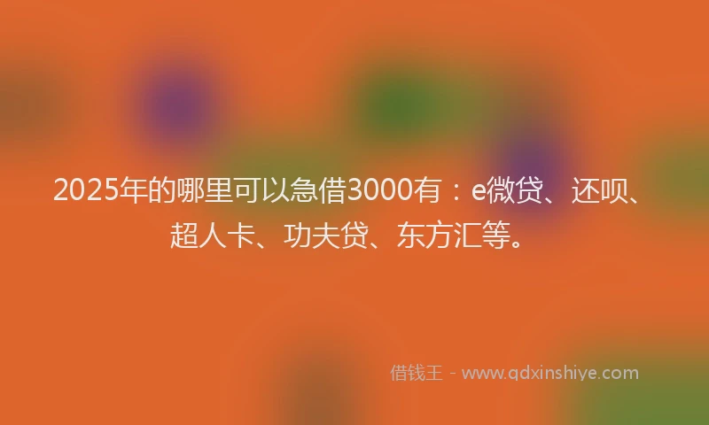 2025年的哪里可以急借3000有：e微贷、还呗、超人卡、功夫贷、东方汇等。